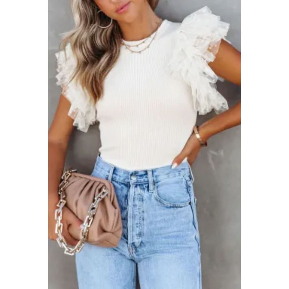 SHEWIN WOMEN WHITE DOTTY LAYERED RUFFLE SLEEVE KNIT TOP
